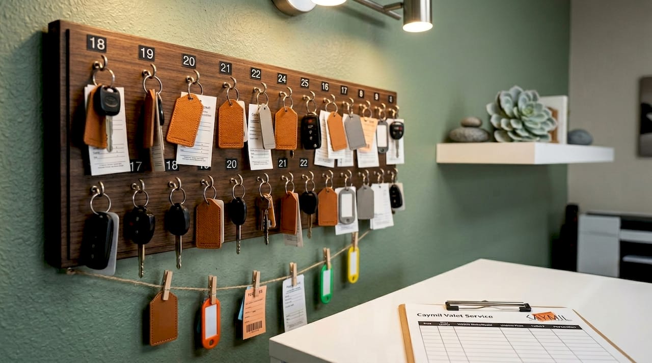 Valet key rack with tagged keys and tickets