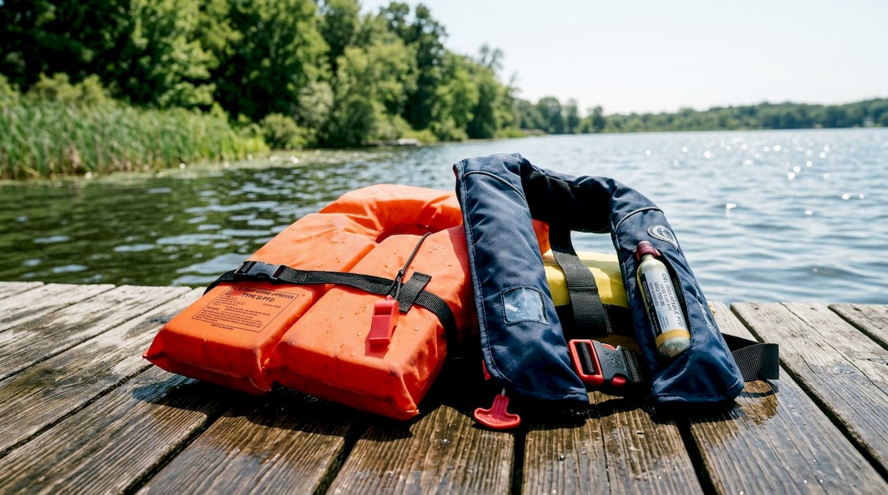 Close-up of different USCG-approved life jackets on boat seat