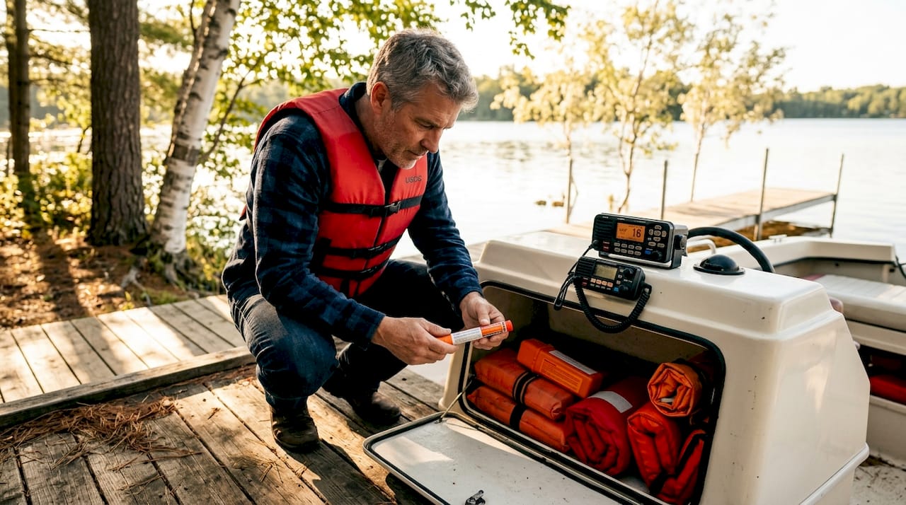 Boater inspecting Coast Guard safety equipment on boat deck