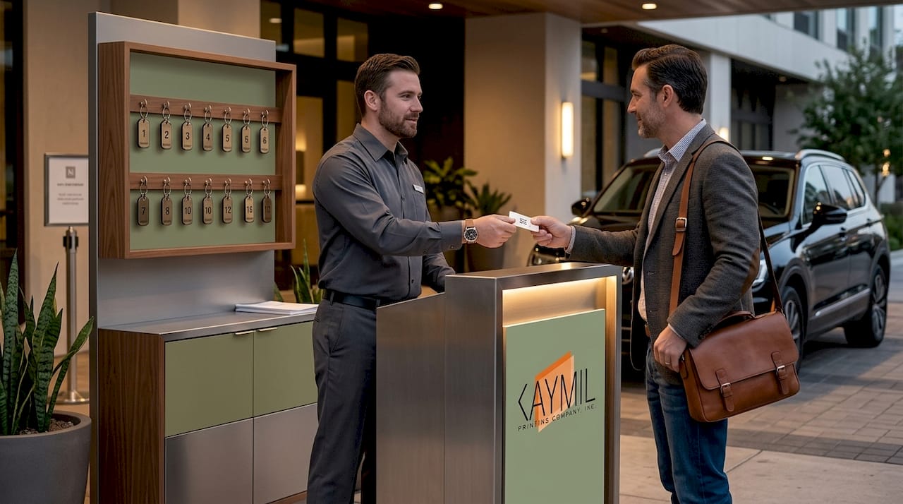 Valet attendant handing ticket to guest at hotel entrance