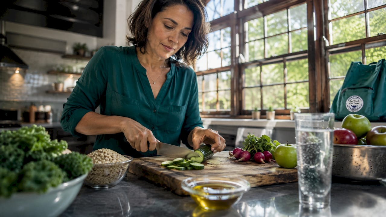 Woman preparing whole fresh foods in kitchen