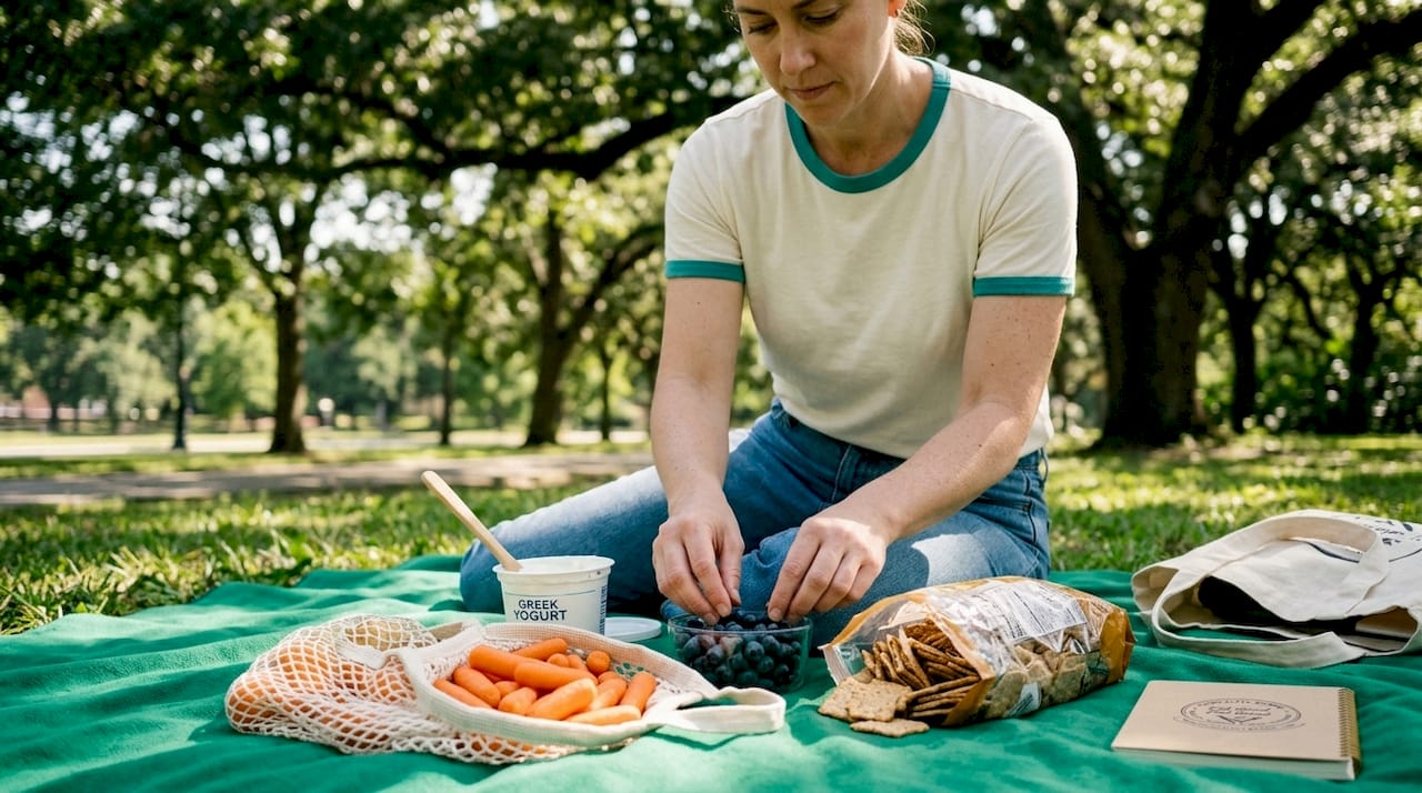 Hands sorting minimally processed foods overhead view