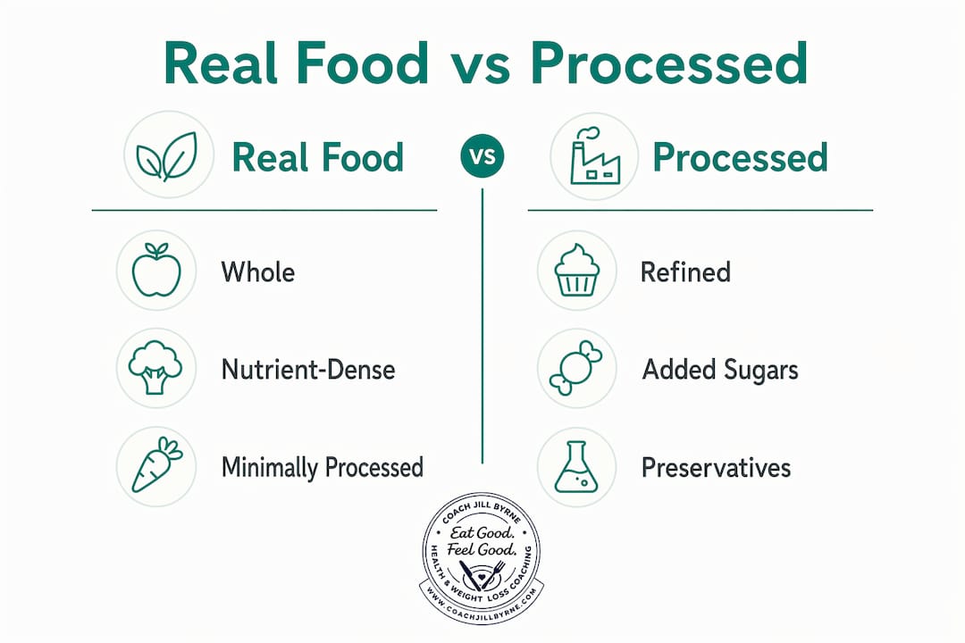 Infographic comparing real and processed foods benefits