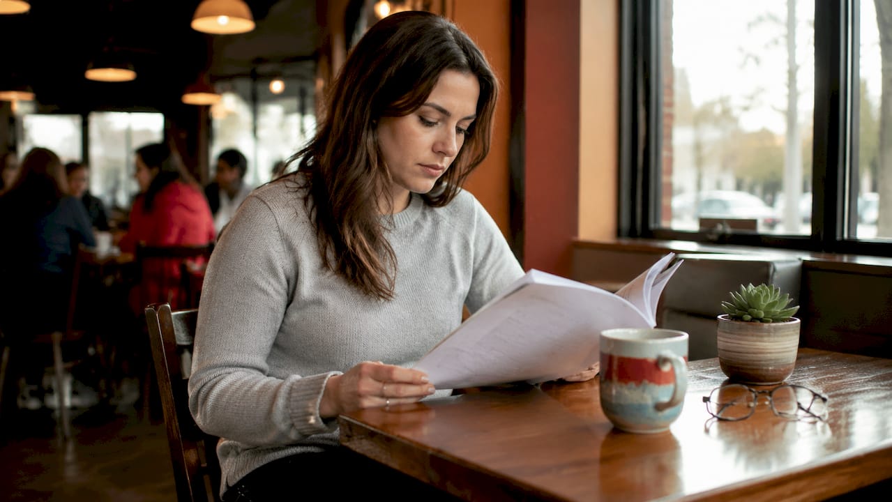 Woman studying boating safety manual at kitchen table