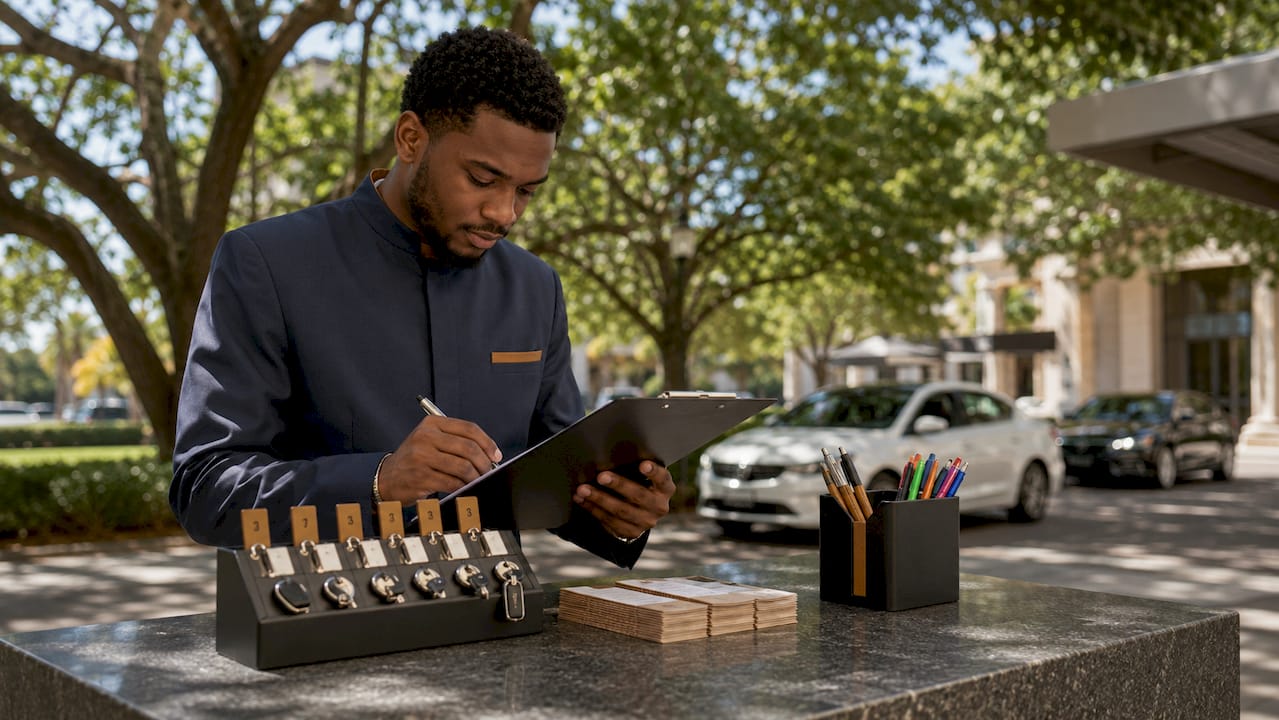 Valet attendant managing key tags on podium