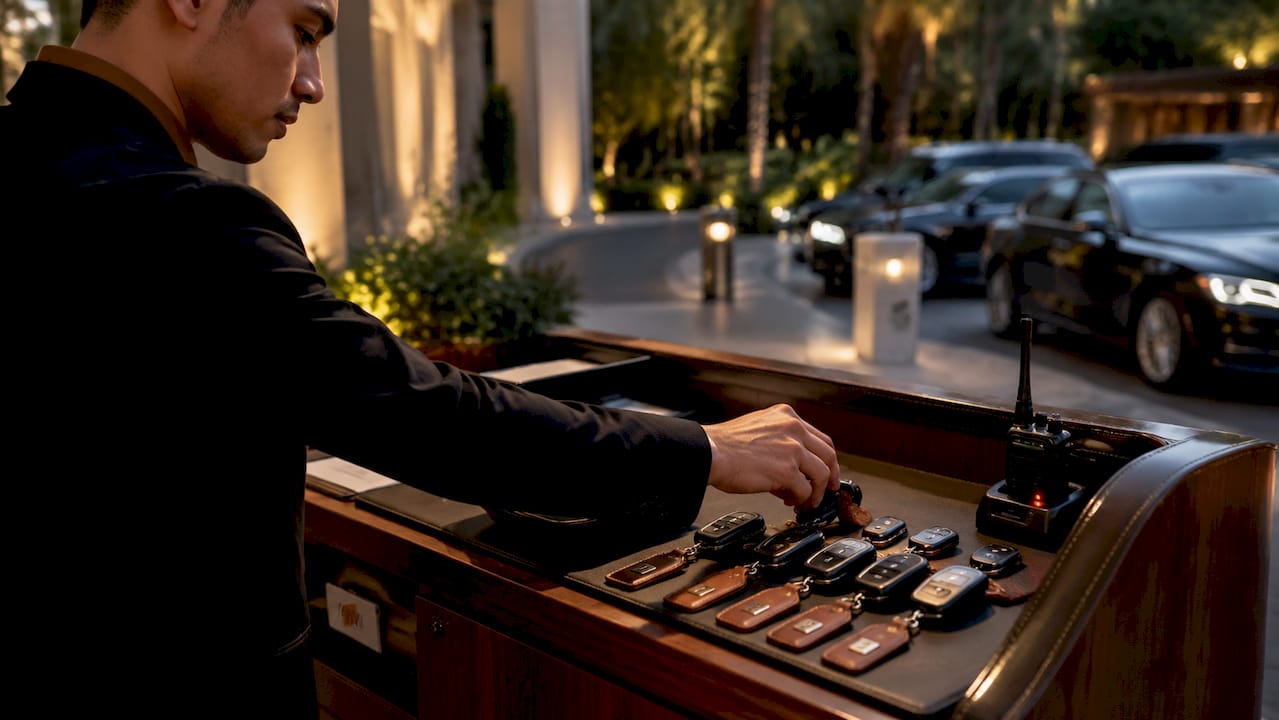 Close-up of valet podium with key tags and radio