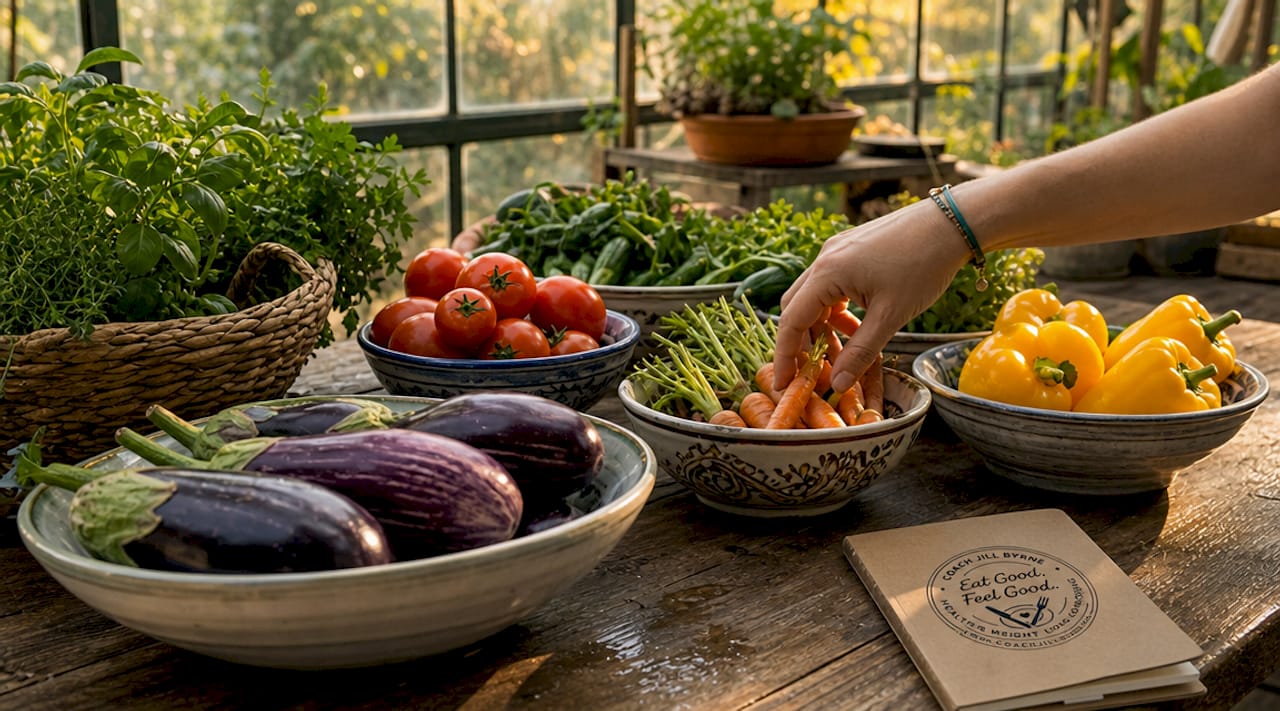 Overhead view of colorful vegetables in bowls, hands selecting