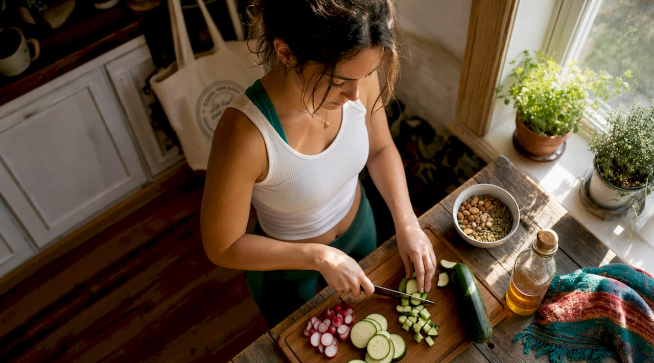 Woman preparing fresh whole food meal in kitchen