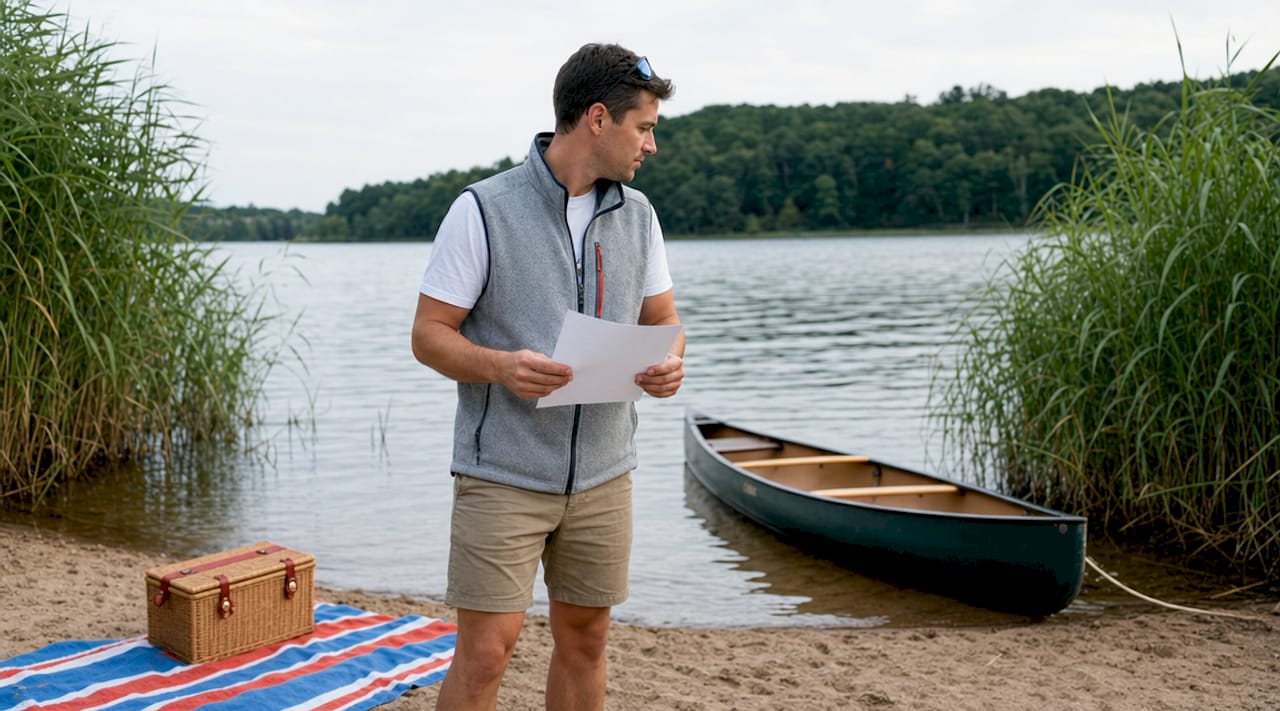 Boater reading boating safety certificate on dock