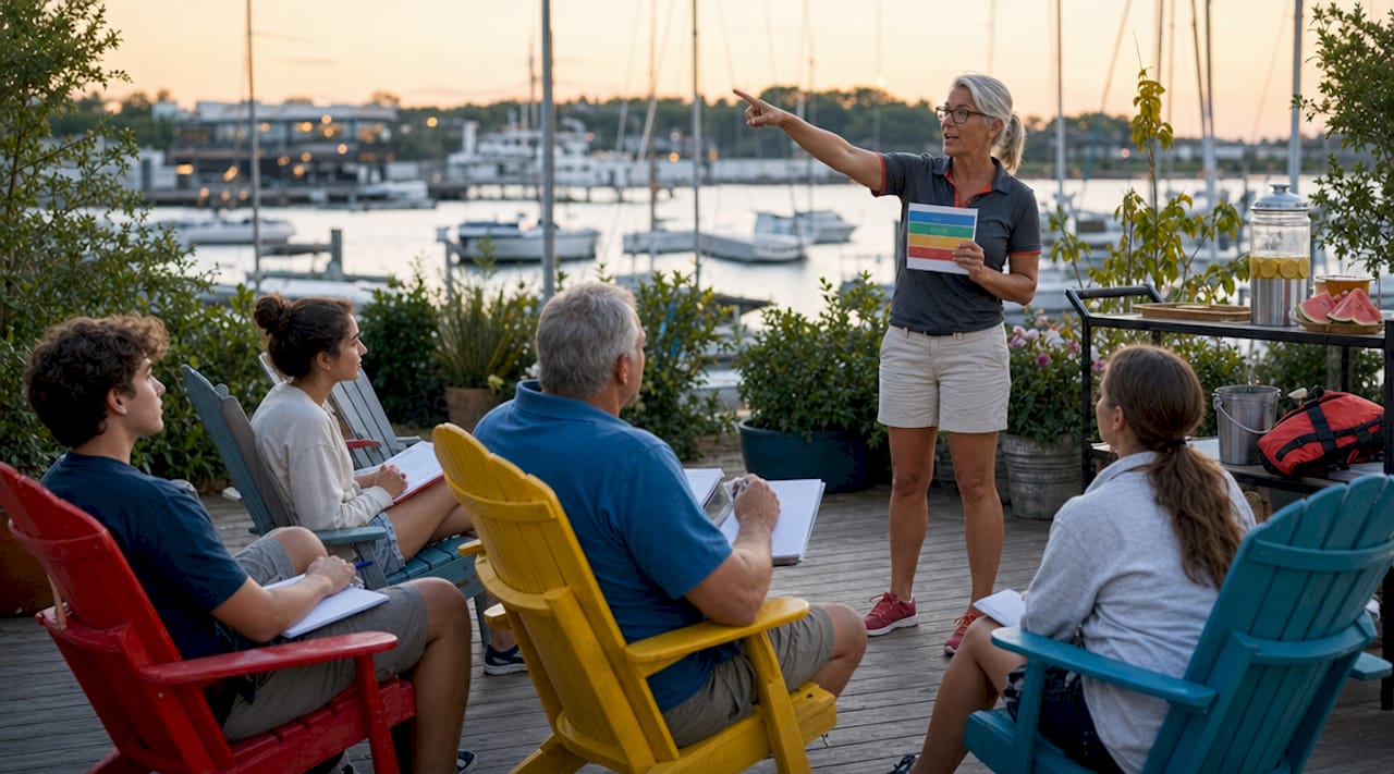 Boating safety course outdoors with instructor and students