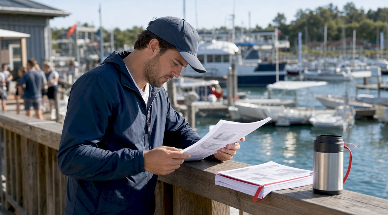 Man studying New York boating safety course papers outdoors