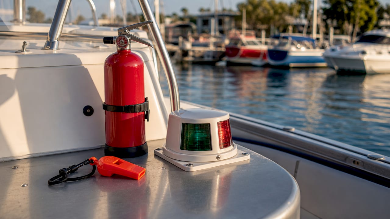 Boat fire extinguisher and safety devices close-up