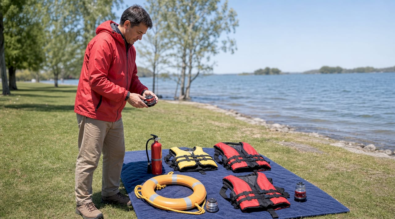 Man inspecting boat safety equipment on dock