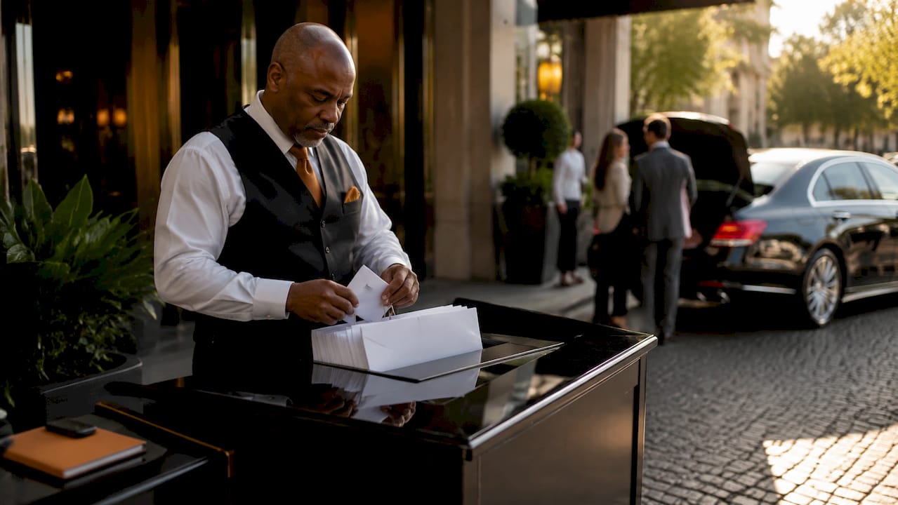 Valet supervisor handling parking envelopes at hotel entrance