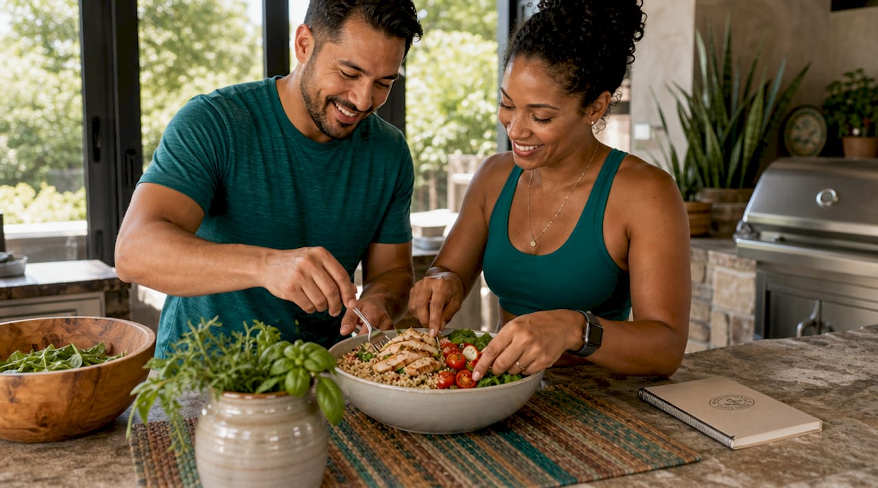 Hands assembling nutritious clean eating bowl