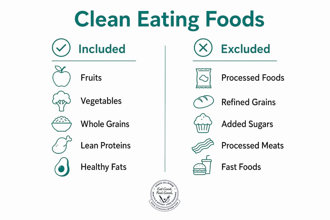 Infographic showing included and excluded clean eating foods