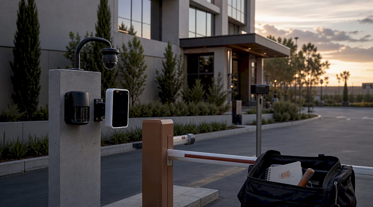 Close-up of hotel parking lot camera system