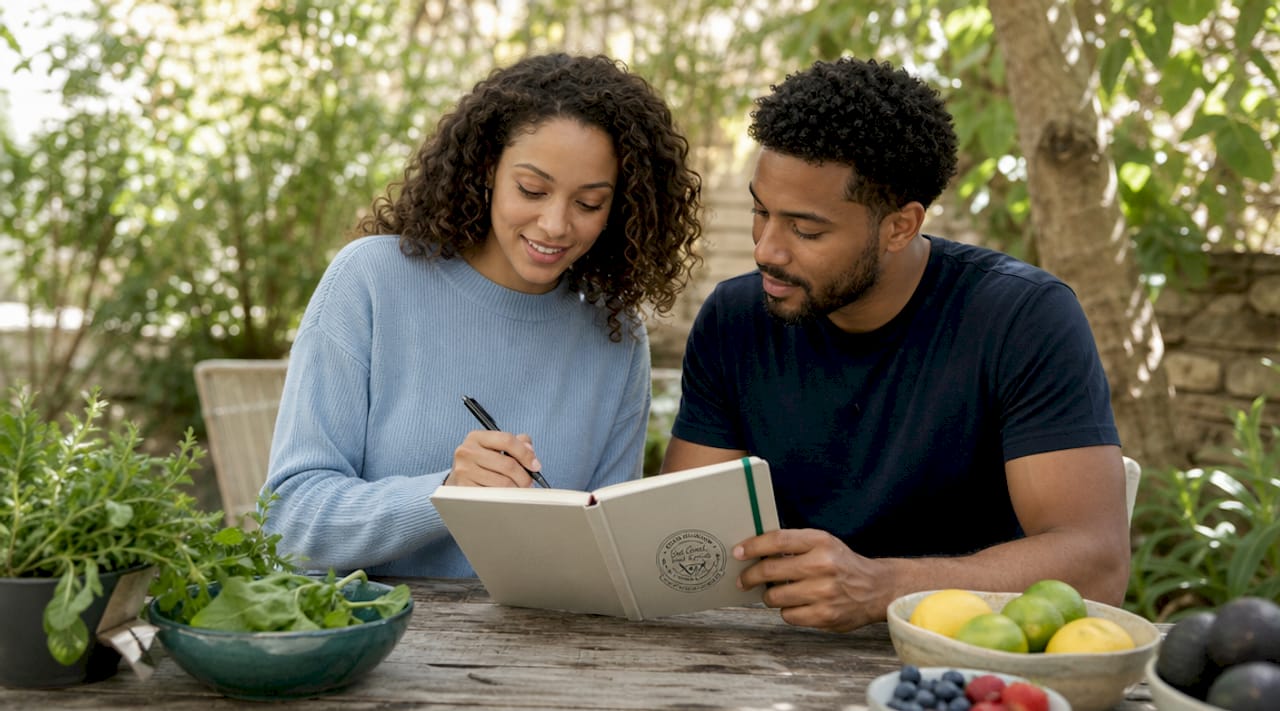 Couple planning healthy meals at kitchen table