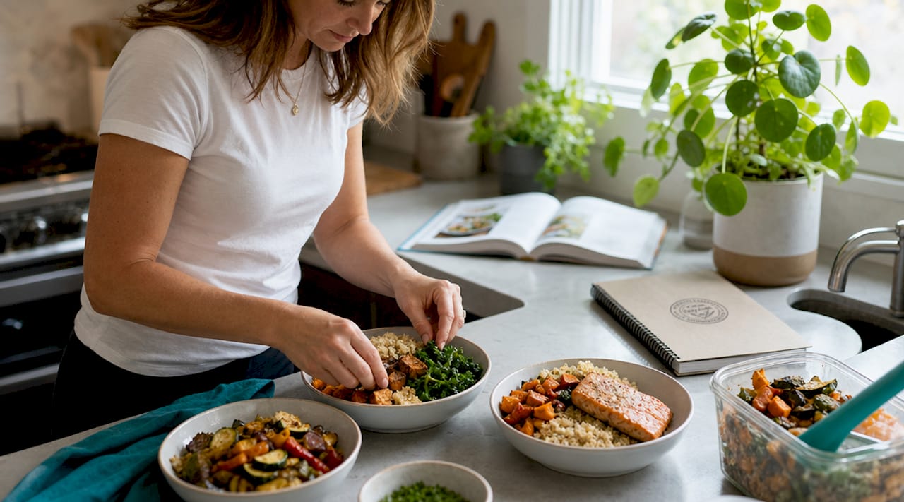 Hands preparing modular meals with varied proteins