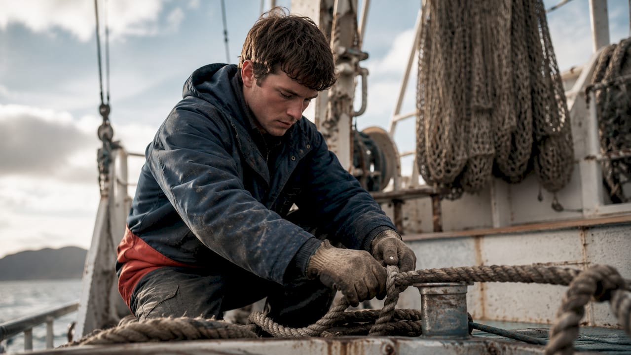 Deckhand coiling rope on fishing boat deck