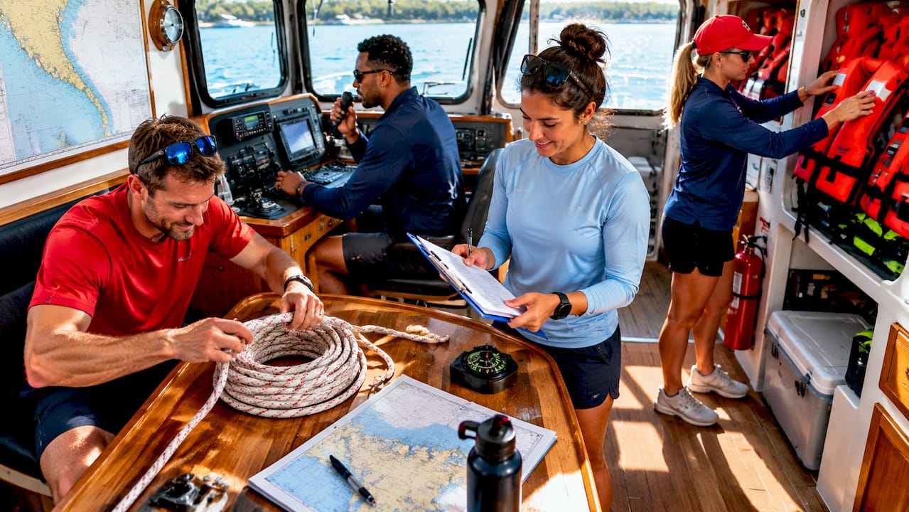 Crew preparing boat for departure on deck
