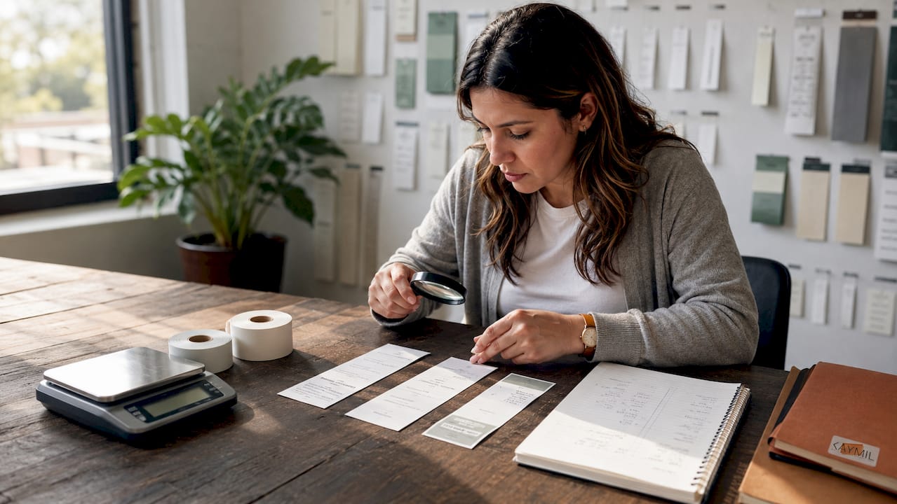 Hands comparing parking ticket materials on desk