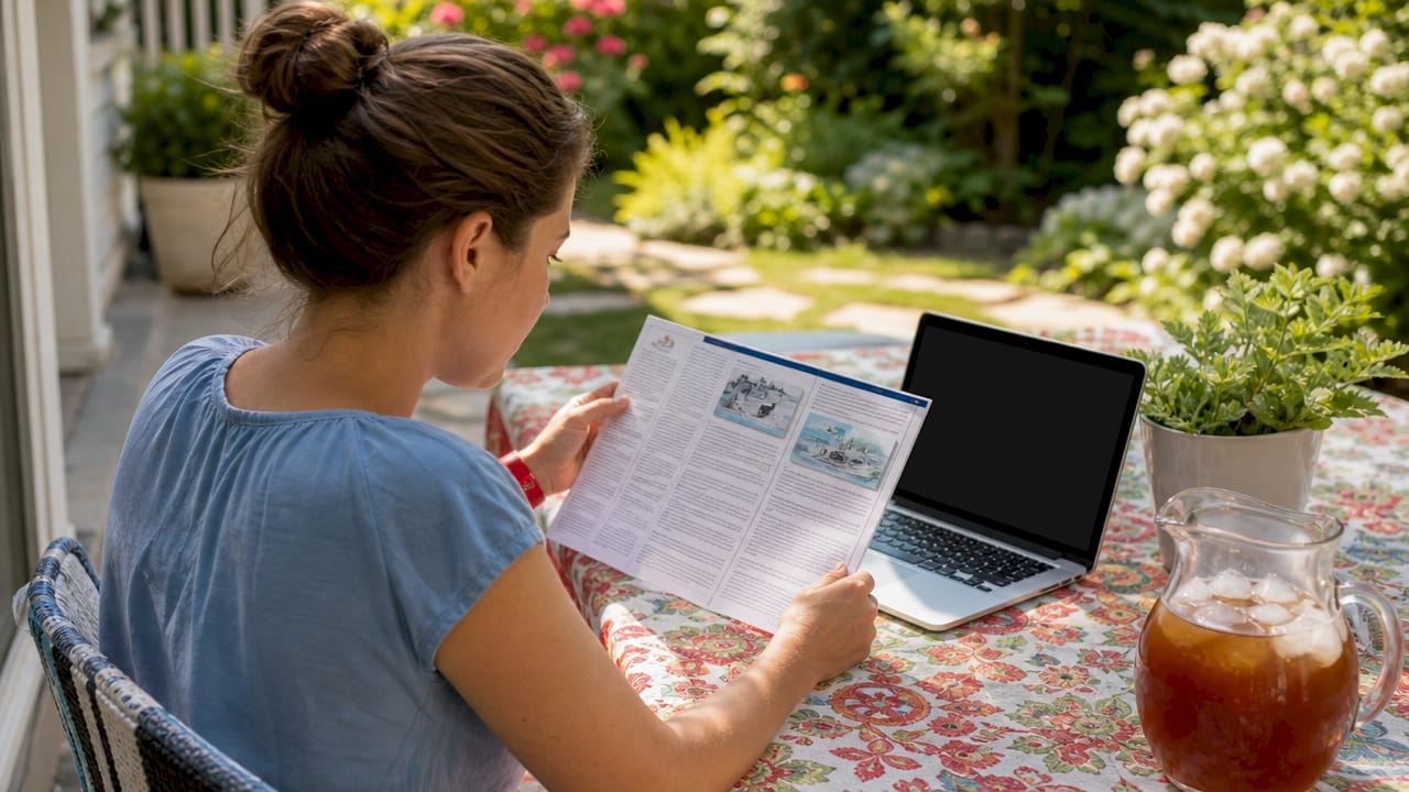 Woman reviewing New Jersey boating safety certificate at desk