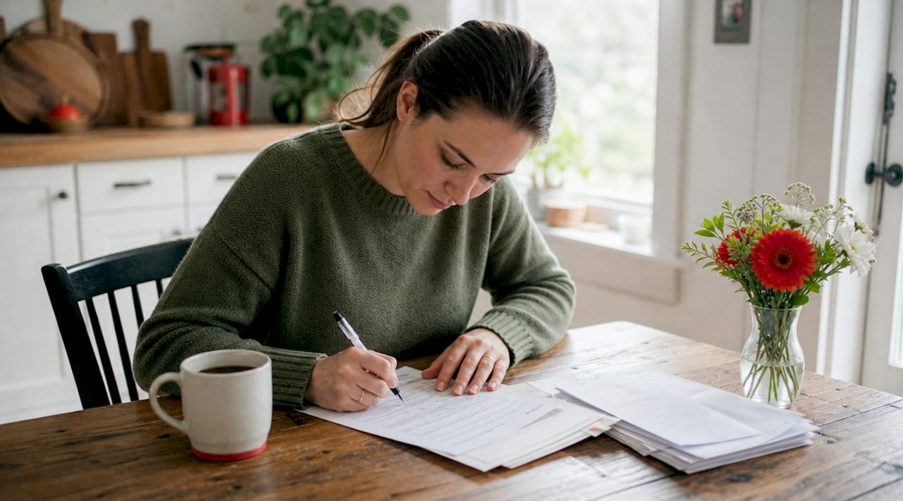 Hands typing next to boat registration papers on desk