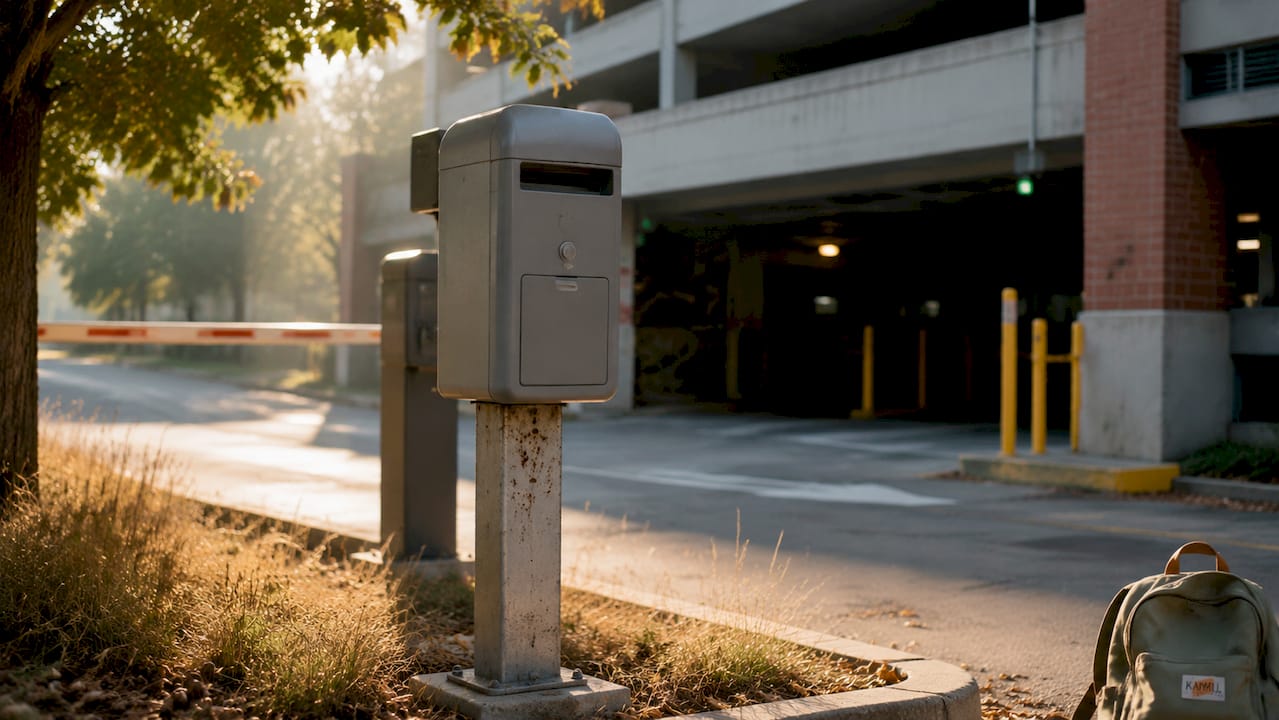 Close-up of parking gate ticket dispenser with ticket