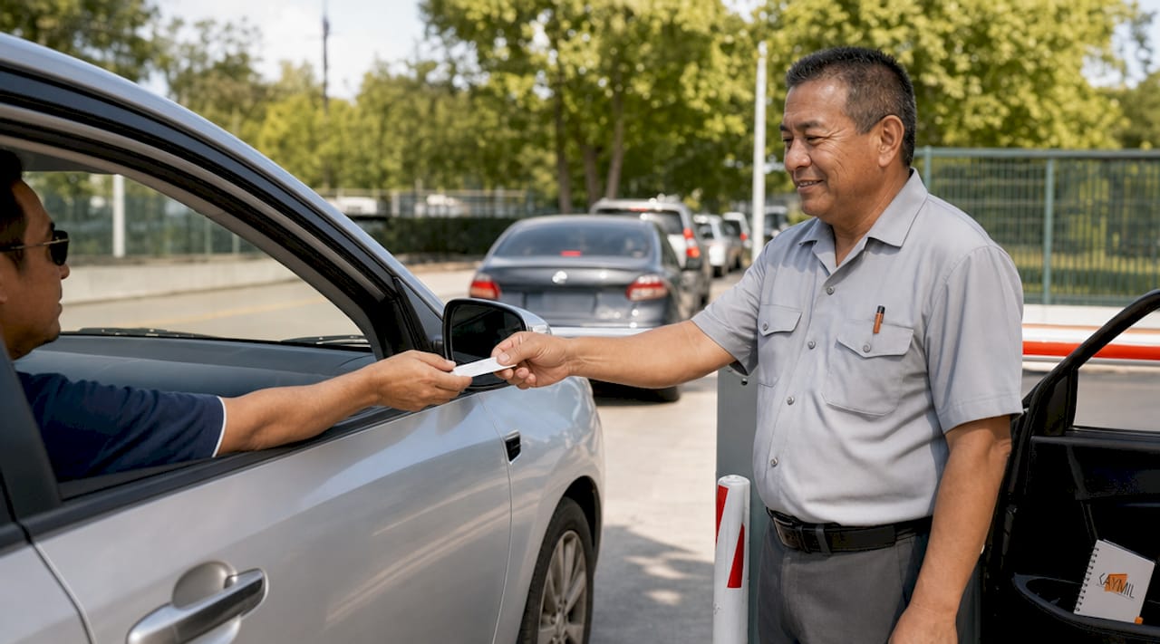 Parking attendant handing gate-issued parking ticket