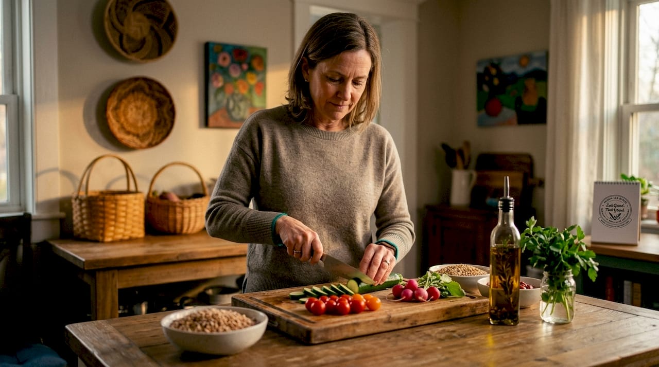 Woman preparing fresh healthy meal at home kitchen