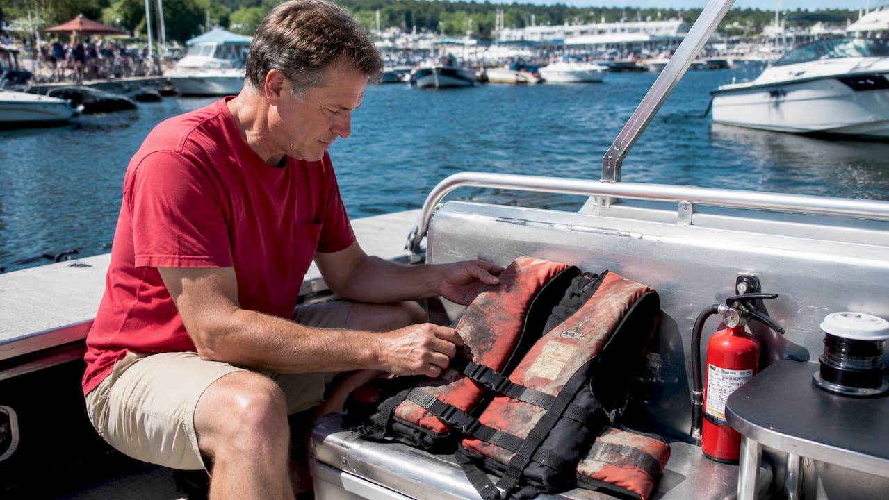 Boater inspecting safety equipment on boat