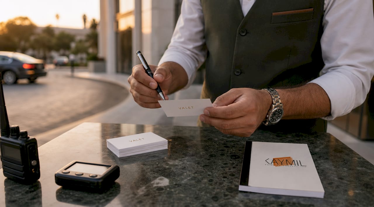 Hands holding valet ticket at hotel lobby stand