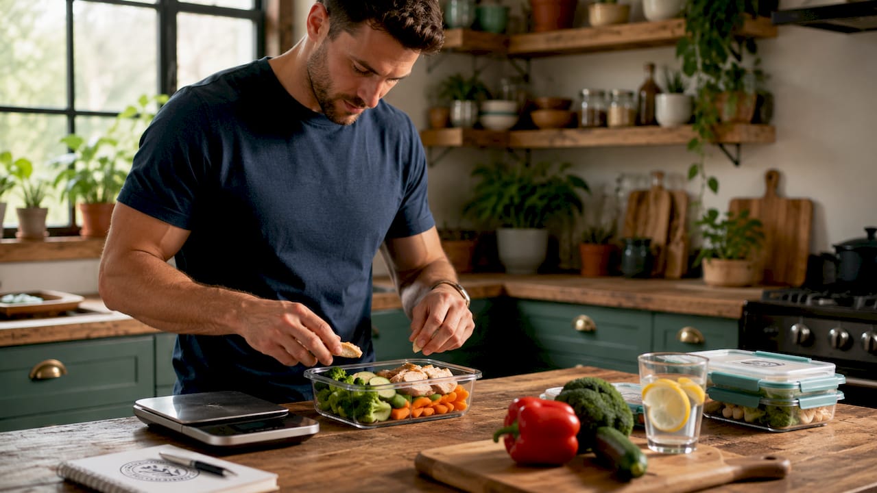 Man prepping healthy meal with calorie control in kitchen
