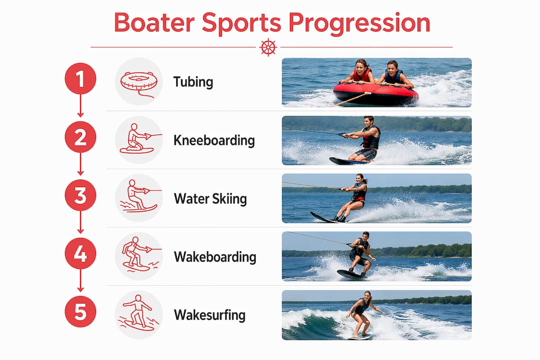 Infographic showing progression of boater sports from tubing to wakesurfing