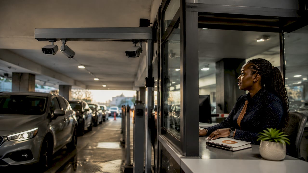 Parking attendant near automated plate recognition cameras