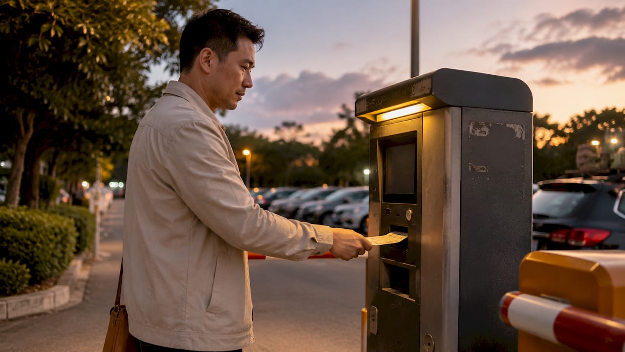 Man taking parking ticket from machine at garage entrance