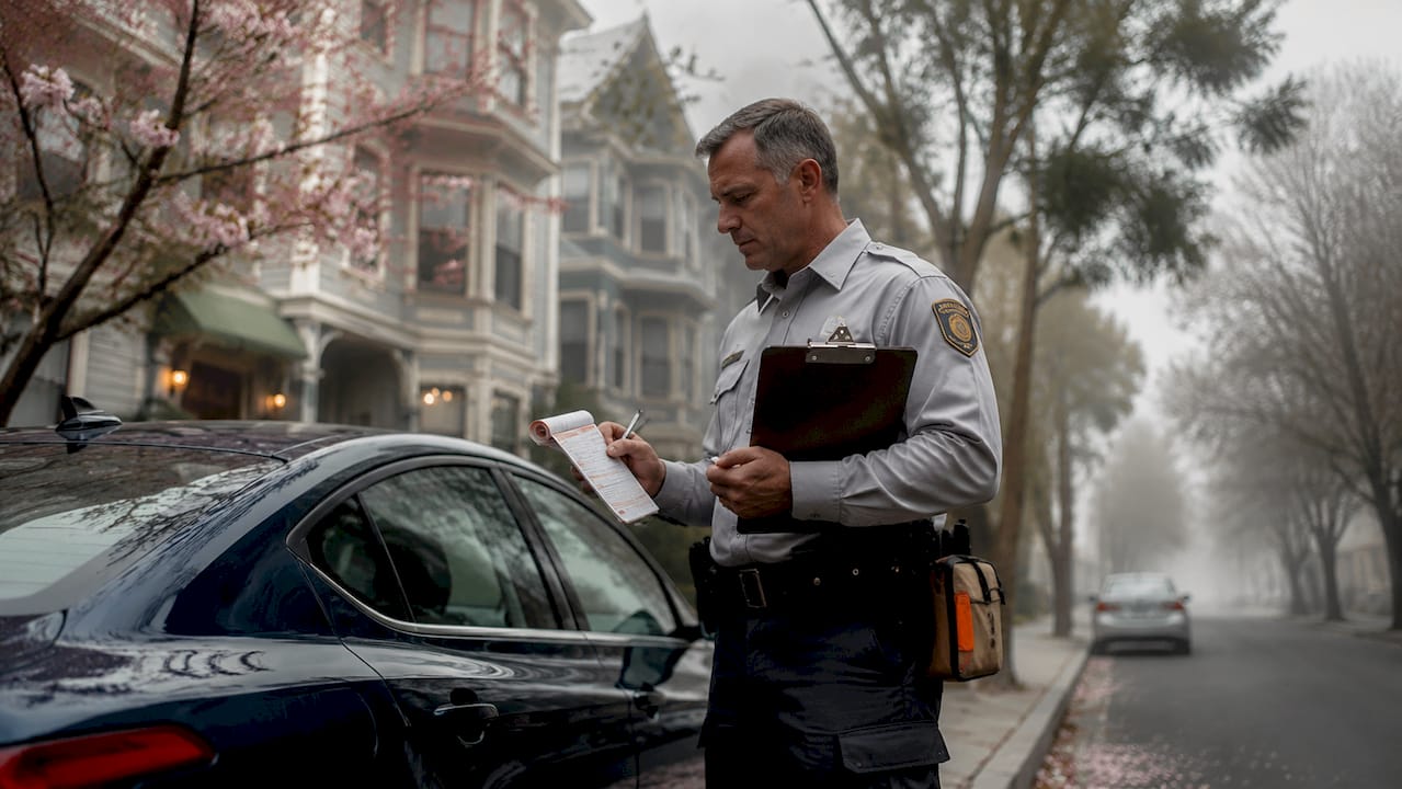 Parking officer issuing ticket to parked car