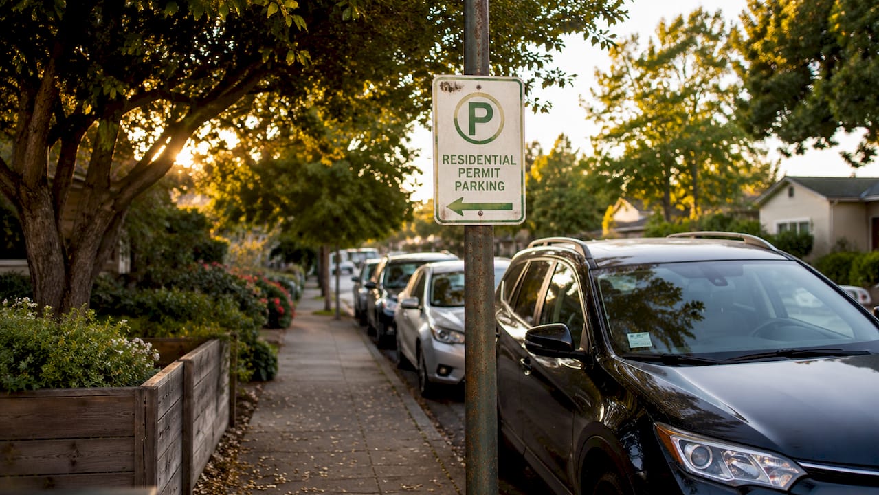Residential permit parking sign on street pole