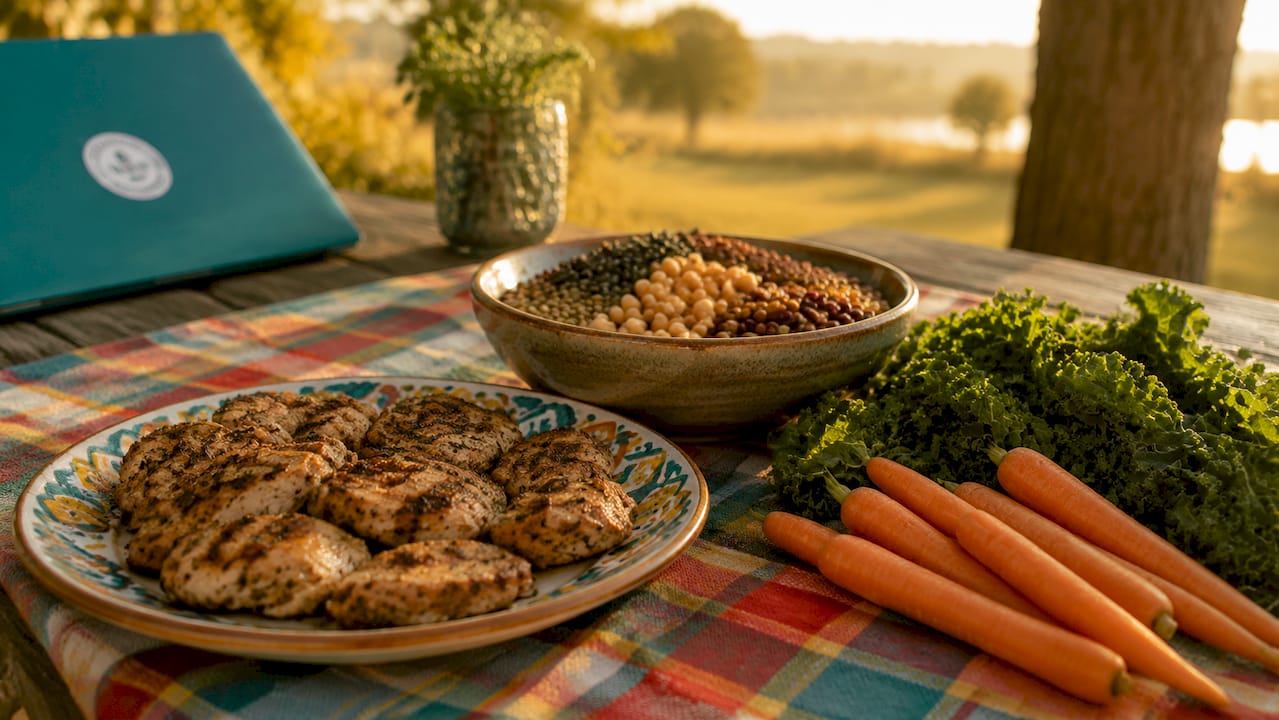 Overhead shot of high-protein, high-fiber whole foods
