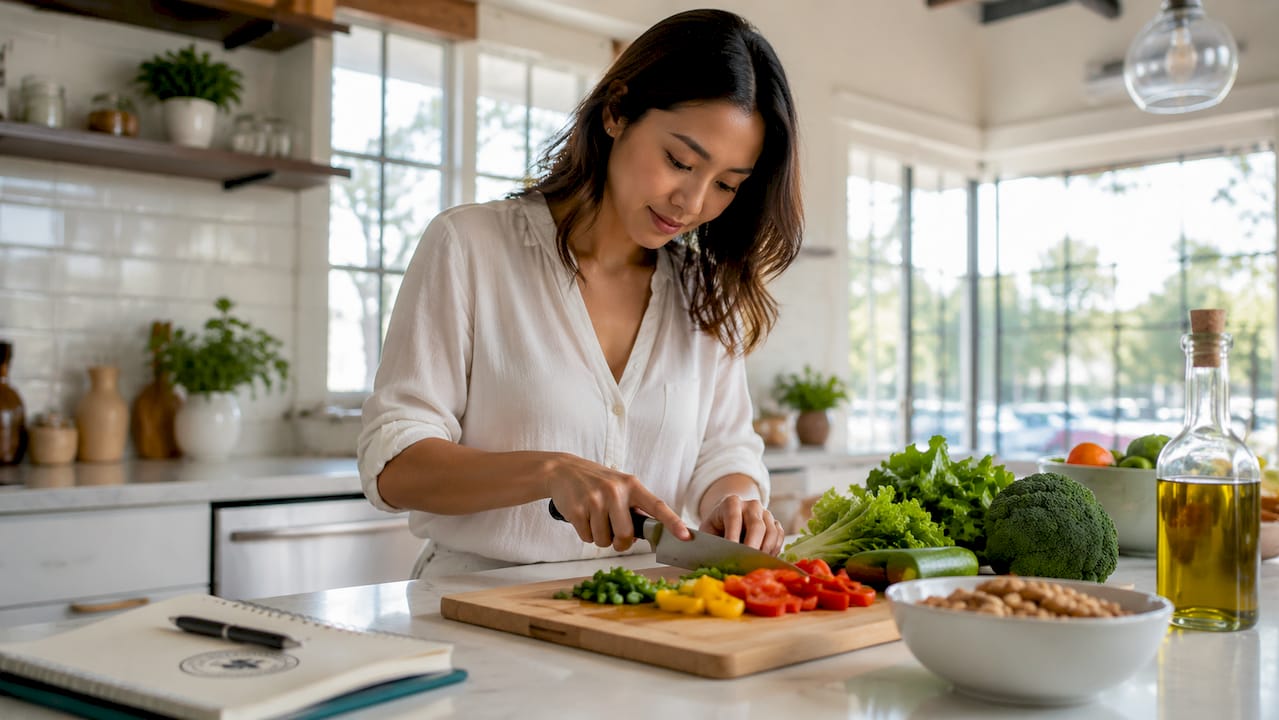 Woman preparing fresh whole foods in kitchen
