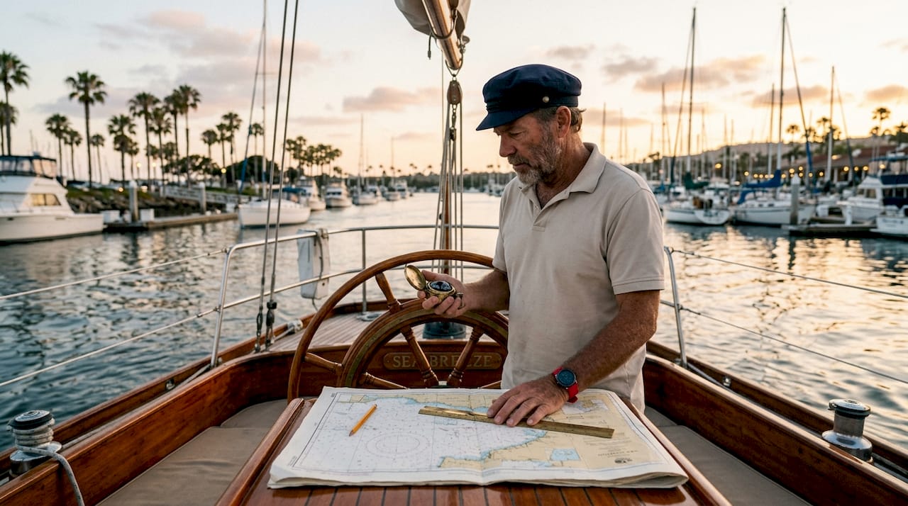 Sailor using compass and nautical chart on boat helm