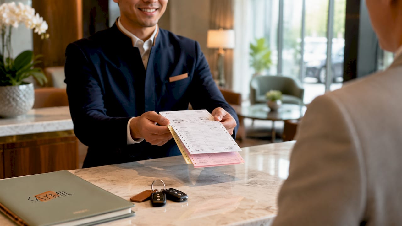 Hand holding concierge parking ticket near car keys on desk