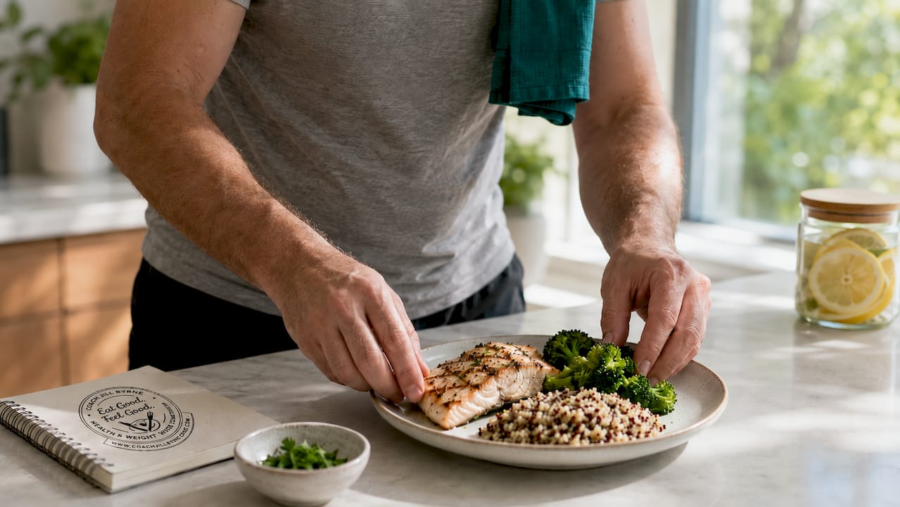 Hands arranging balanced meal plate
