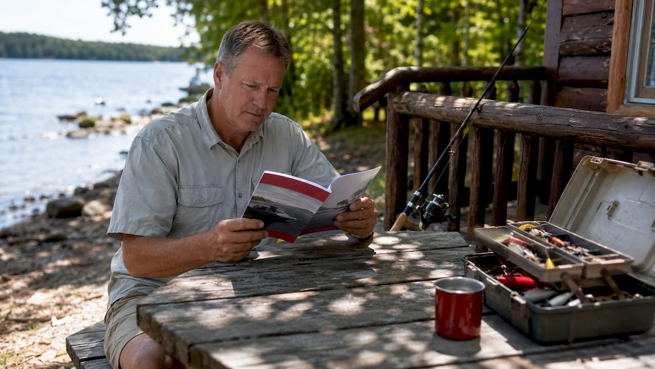 Man reading boating safety booklet outdoors