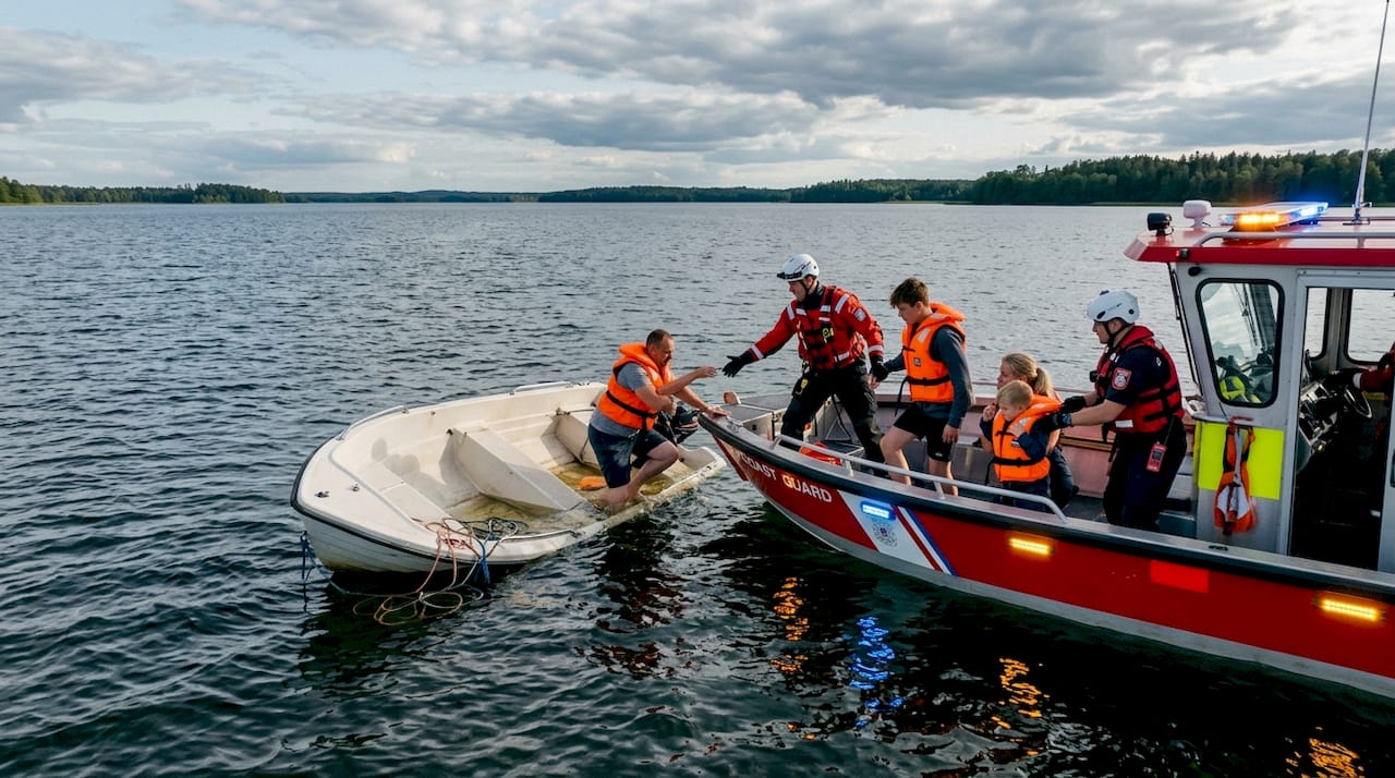 Coast guard rescuing people from capsized boat