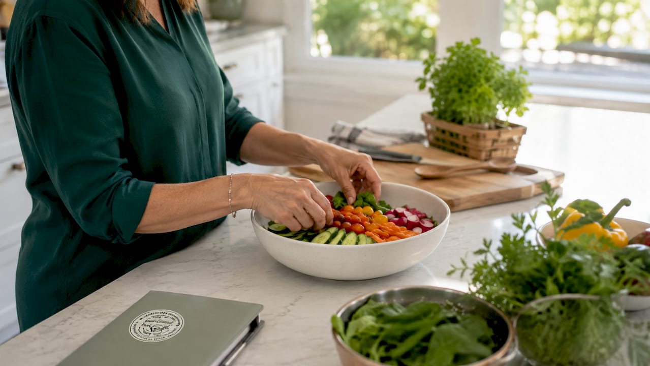 Hands arranging fresh fruits in bowl