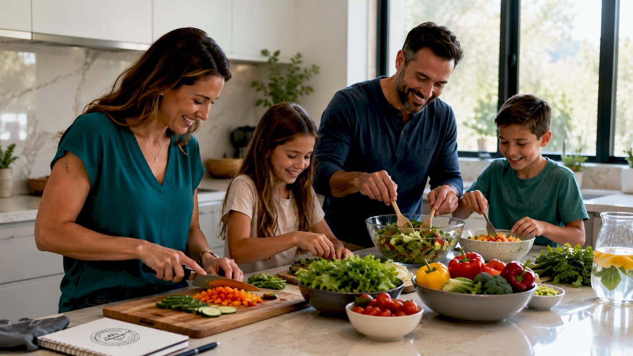 Family preparing fresh food together in kitchen
