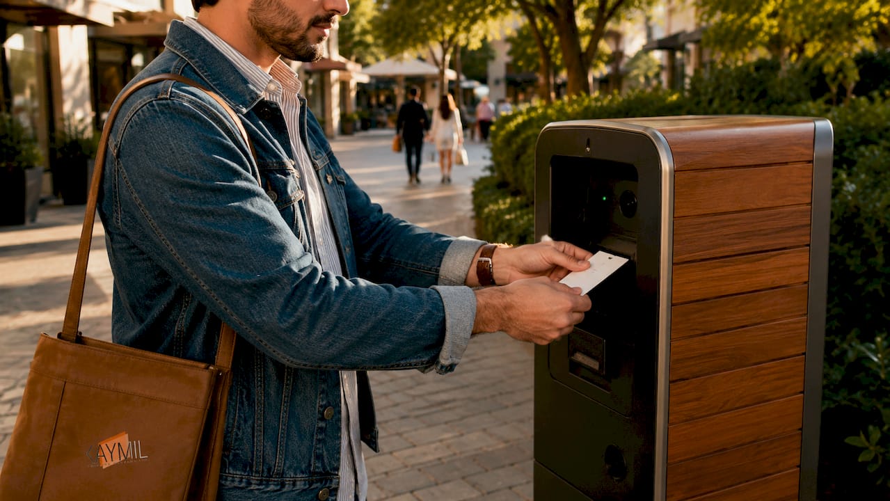 Hands validating parking ticket at kiosk