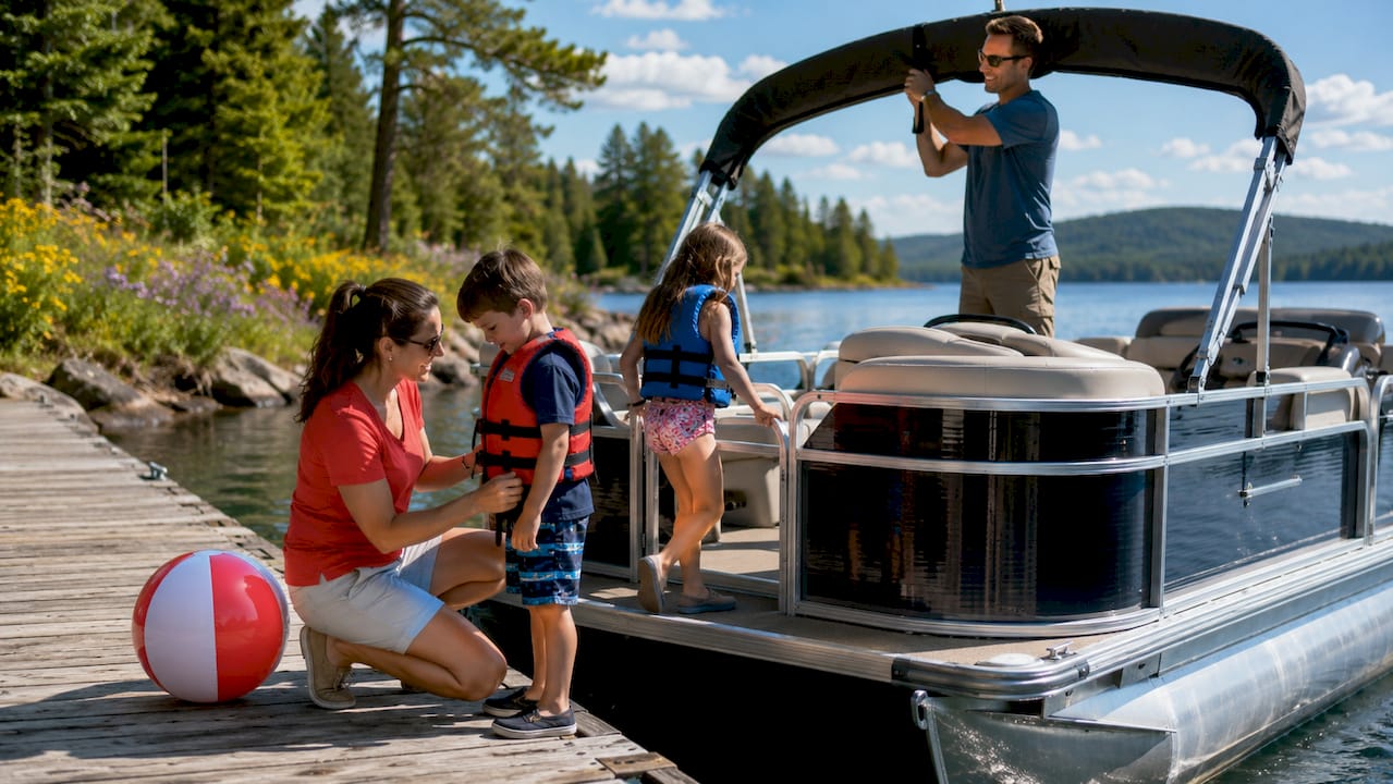 Family preparing to board pontoon boat at lake marina